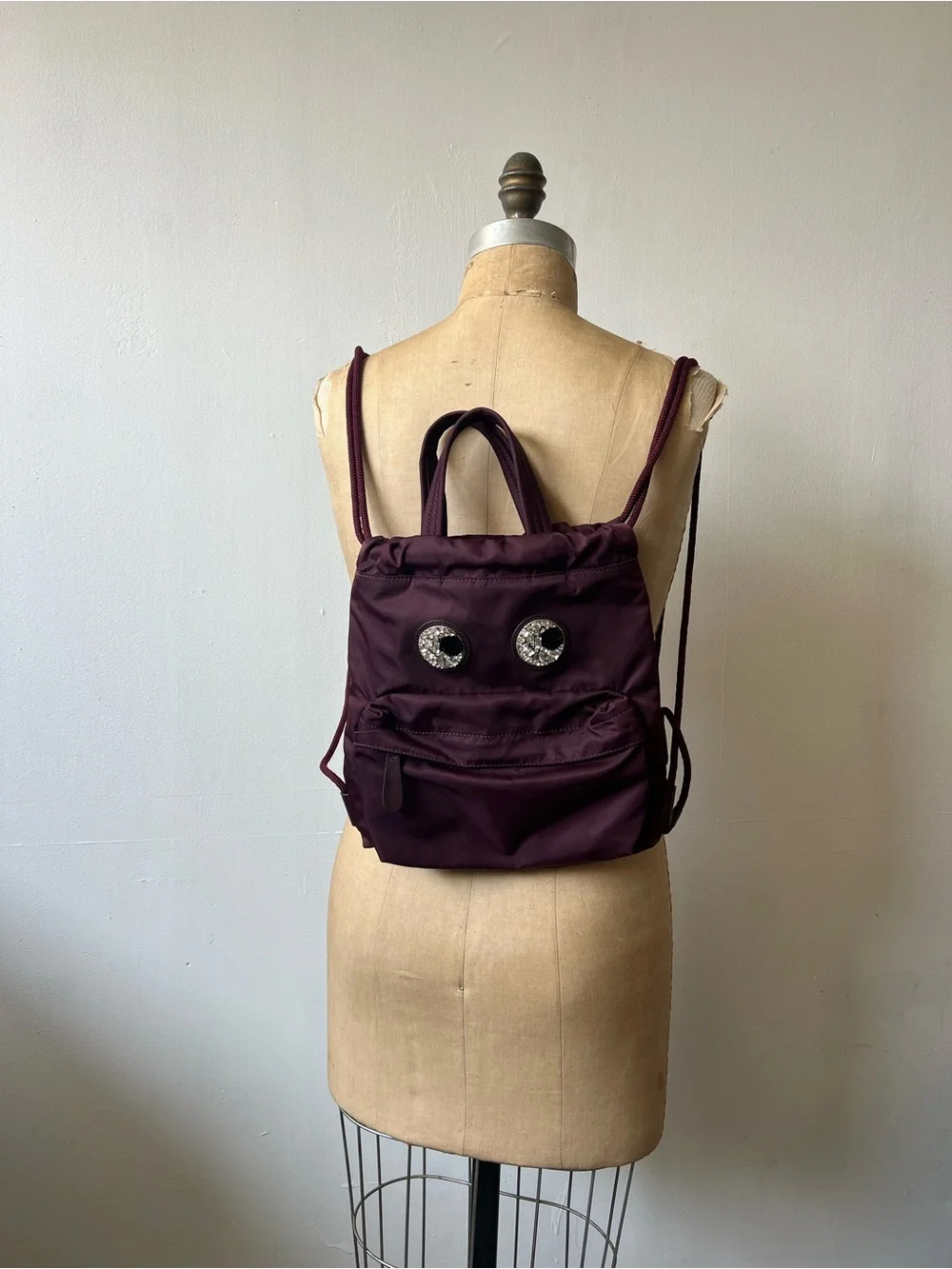 Limited Edition Anya Hindmarch Maroon Mini Crystal Eyes Drawstring Backpack